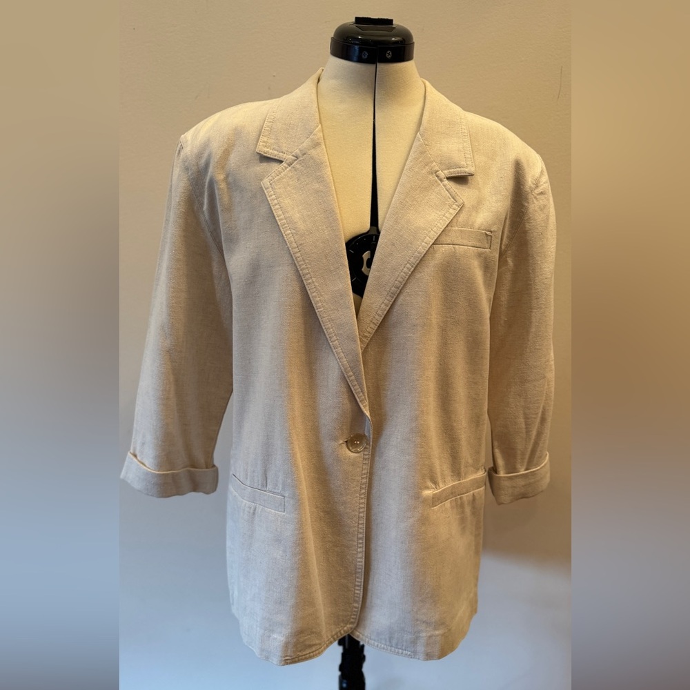 Vintage Cream Cuffed Blazer Jacket – Cotton Linen Blend, Size Medium